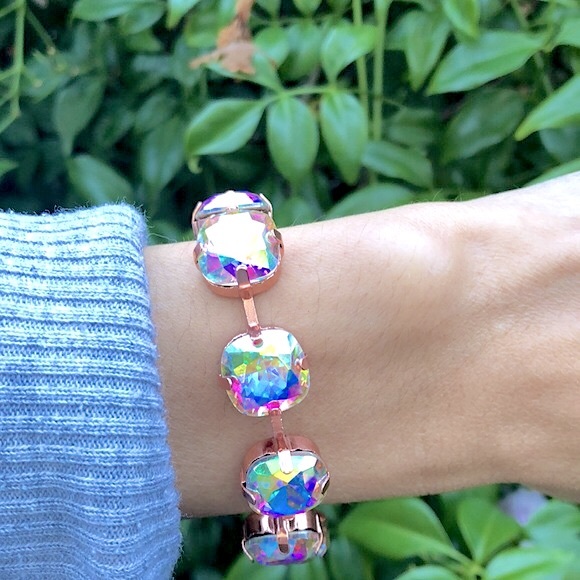 Aurora Borealis Cushion Cut Rose Gold Crystal Tennis Bracelet - Picture 6 of 7